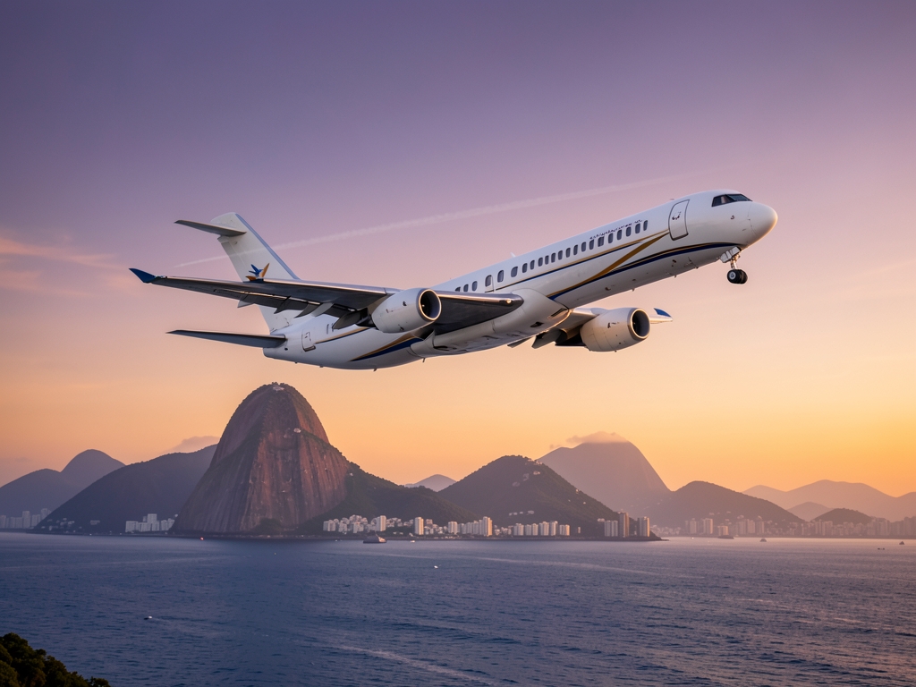 Sleek white charter aircraft climbing into soft sunset