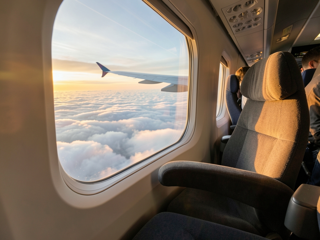 Sunlit long haul cabin window seat above endless cloudscape