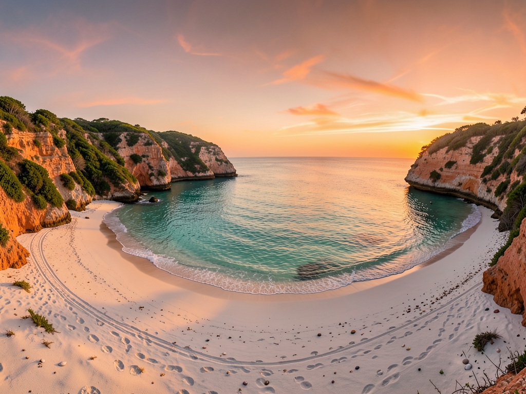 wide view crescent shaped Caribbean sunset with weathered coral