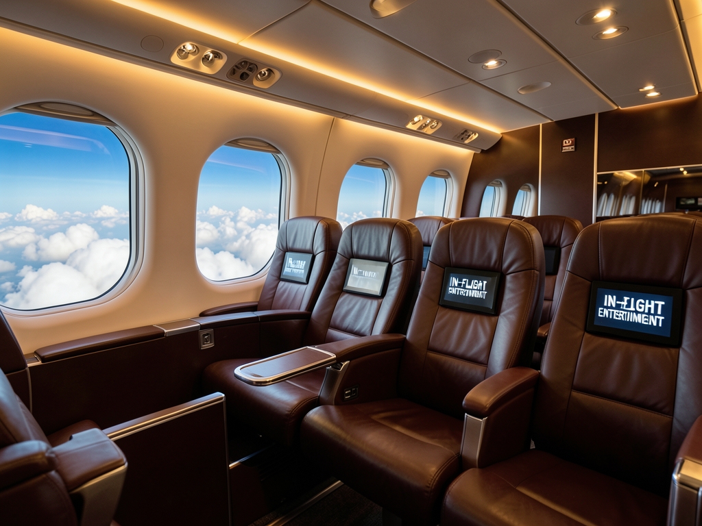 Business class cabin interior with warm ambient lighting