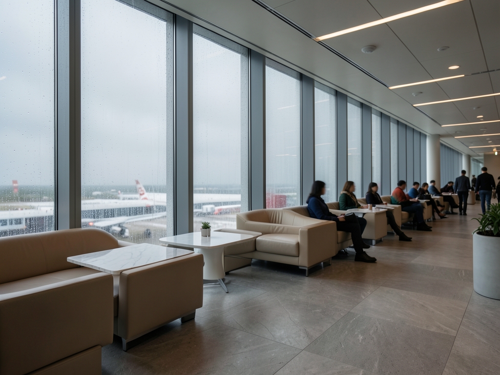 Modern airport lounge with tall glass windows grey