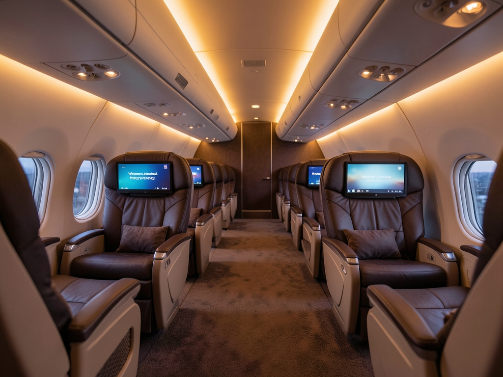 Quiet widebody aircraft cabin aisle dusk with soft