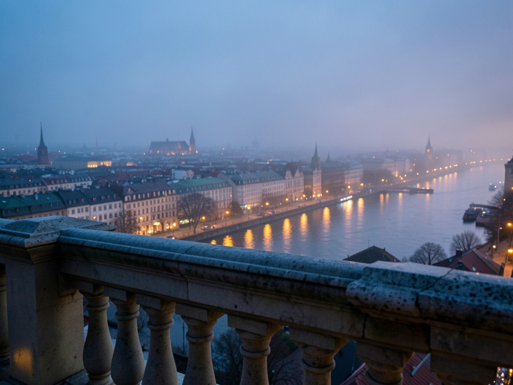 twilight view from hotel balcony above Danube Budapest s
