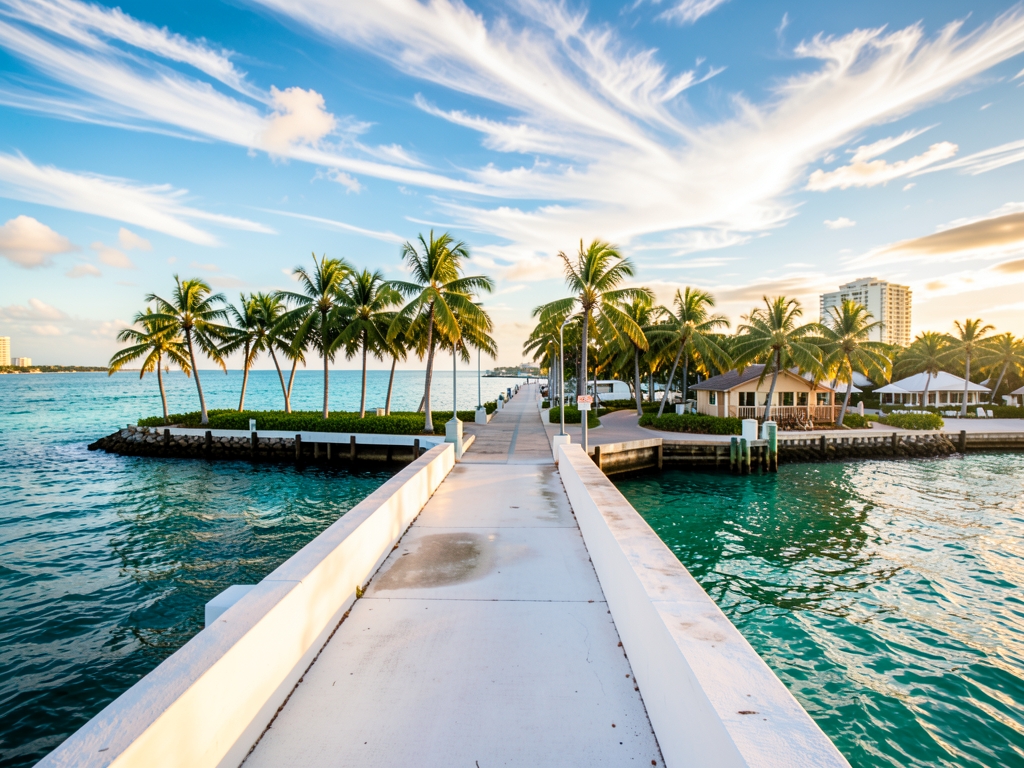 Miami s palm lined causeway turquoise beneath breezy winter clouds