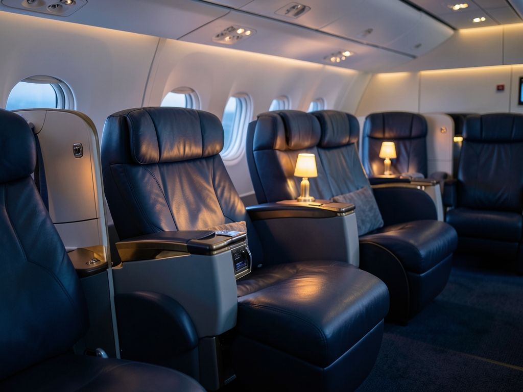 Business class cabin interior with reclined seats warm