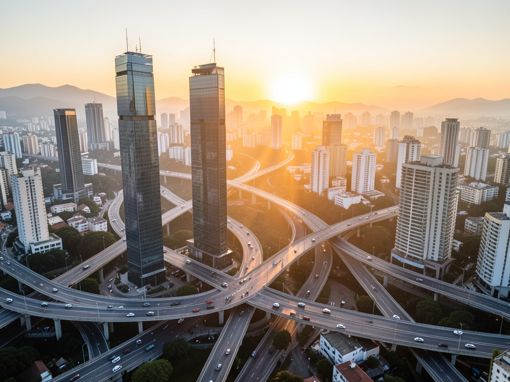 Paulo cityscape sunset with glass towers layered highways