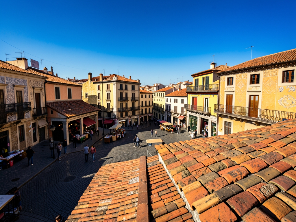 Madrid plazas terracotta rooftops warm morning light clear