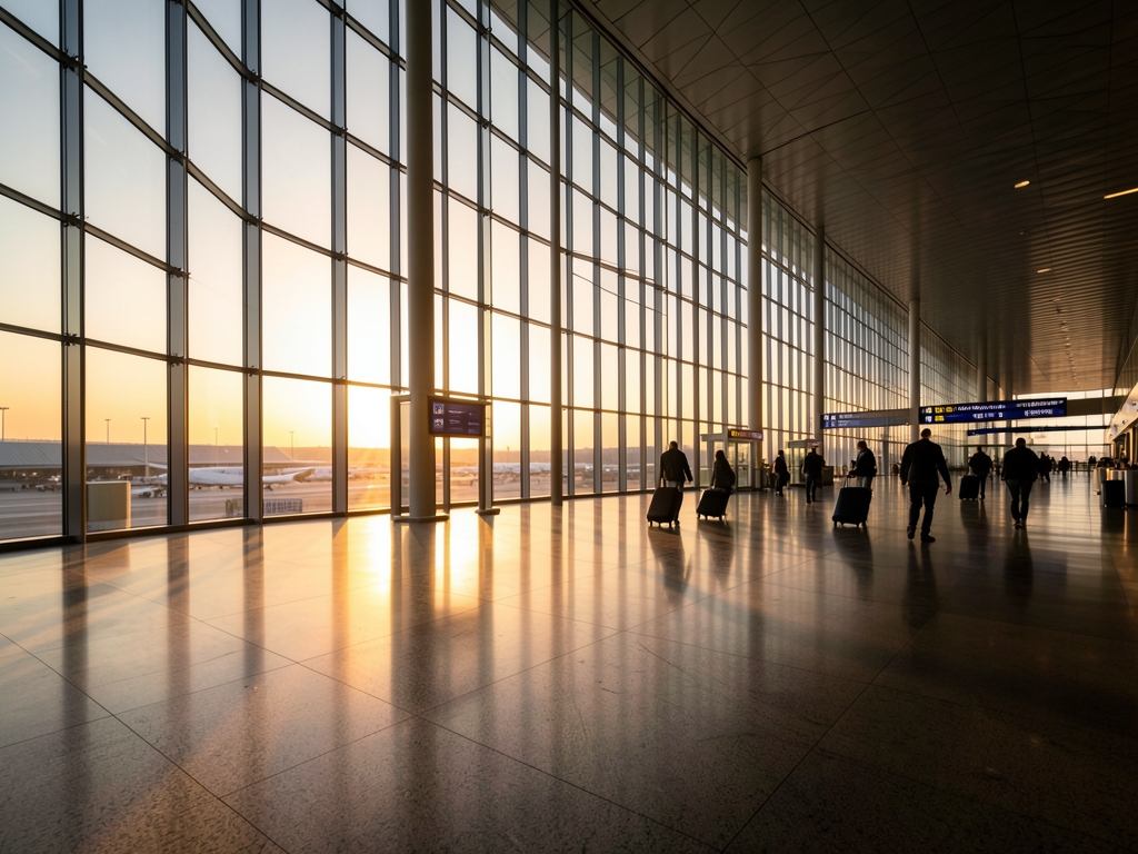 Modern airport terminal interior Buenos Aires dawn tall