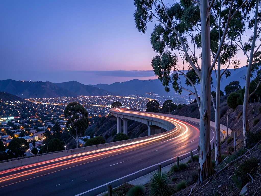 Dusk view from elevated freeway curve winding through