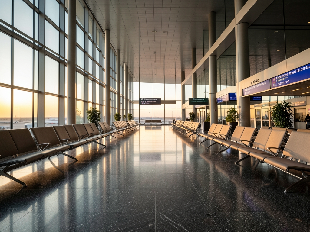 Quiet dawn view modern airport departure concourse with
