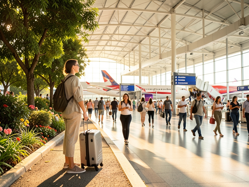 traveler s journey from sunlit curbside into spacious terminal