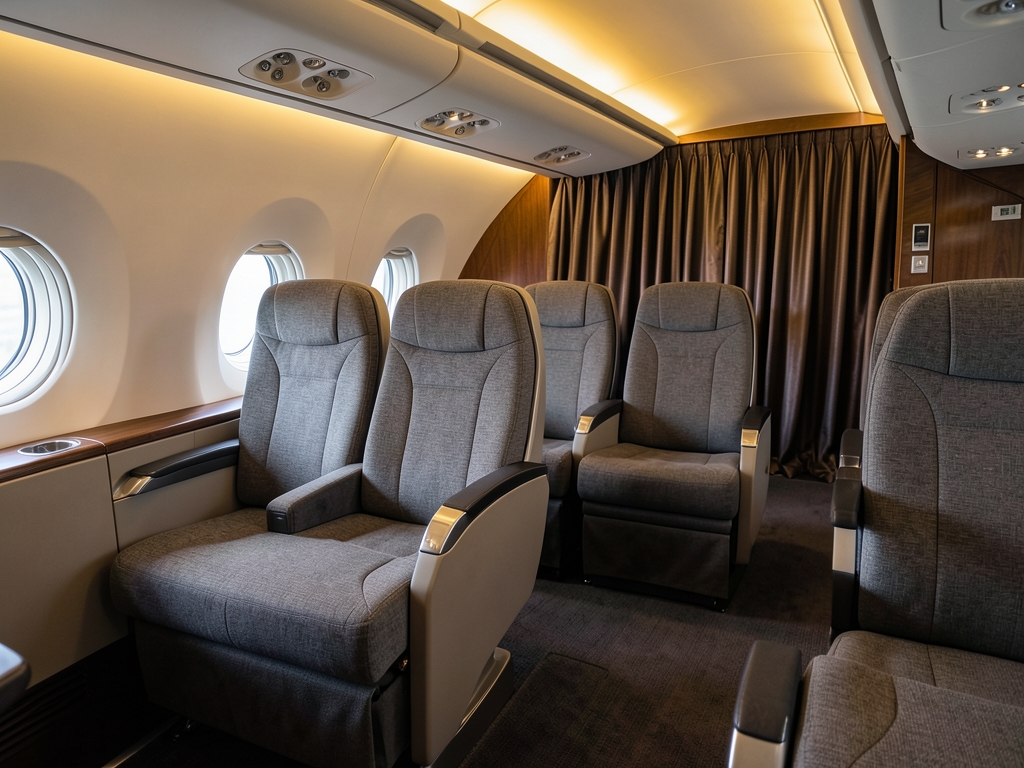 Airplane interior with wide lie flat seats muted gray