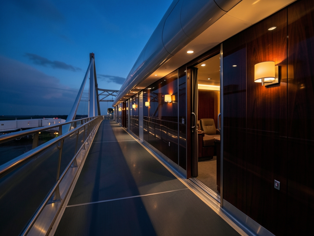 Twilight bridge leading into business cabin with polished