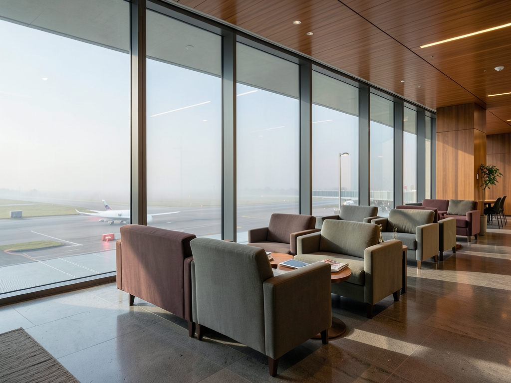 Modern airport lounge with floor to ceiling glass overlooking misty