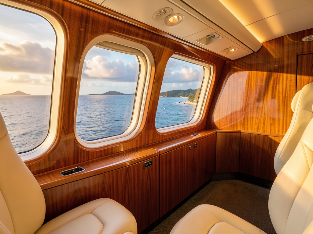 Sleek aircraft cabin above cloud lined Pacific warm wood