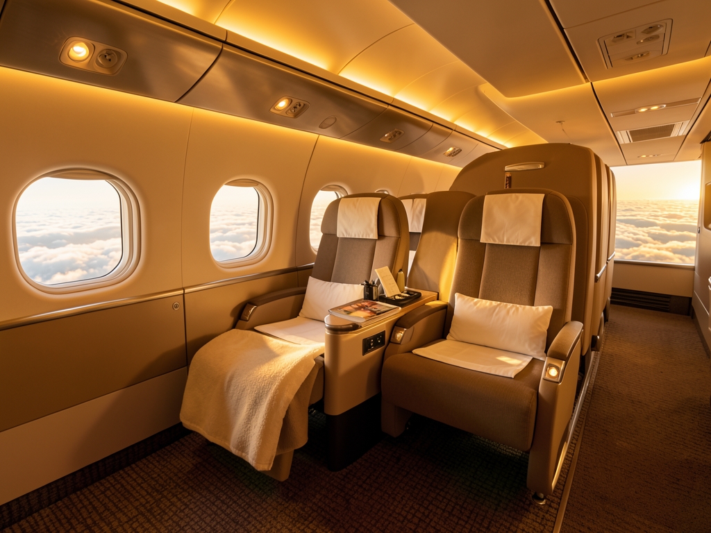 Empty business class cabin with lie flat seats warm amber