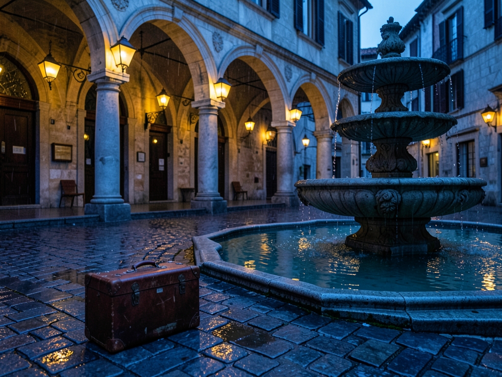 cobblestone plaza European town blue hour stone reflecting