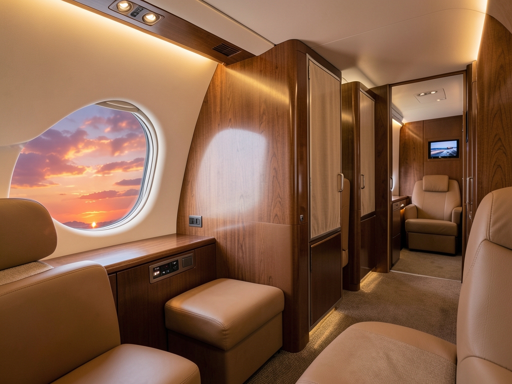 Airplane cabin with enclosed privacy suites soft amber