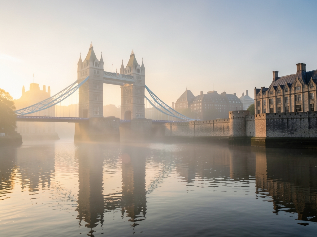 London riverside misty sunrise with historic stone architecture