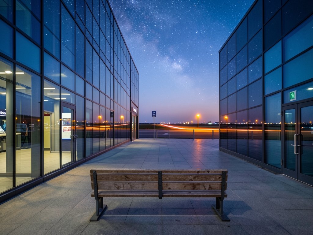 Twilight scene modern transit with glass architecture reflecting