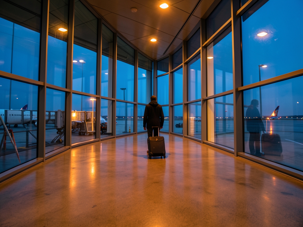 Wide shot bridge dusk warm amber terminal glow