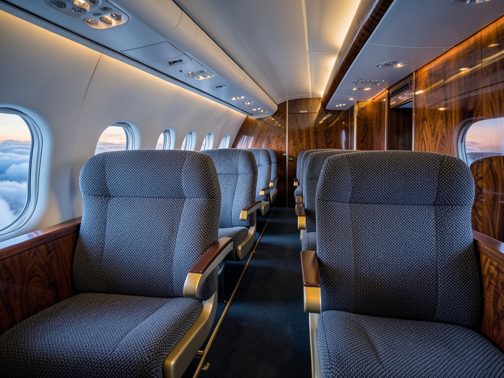Spacious aircraft cabin above September cloudscape cool dawn