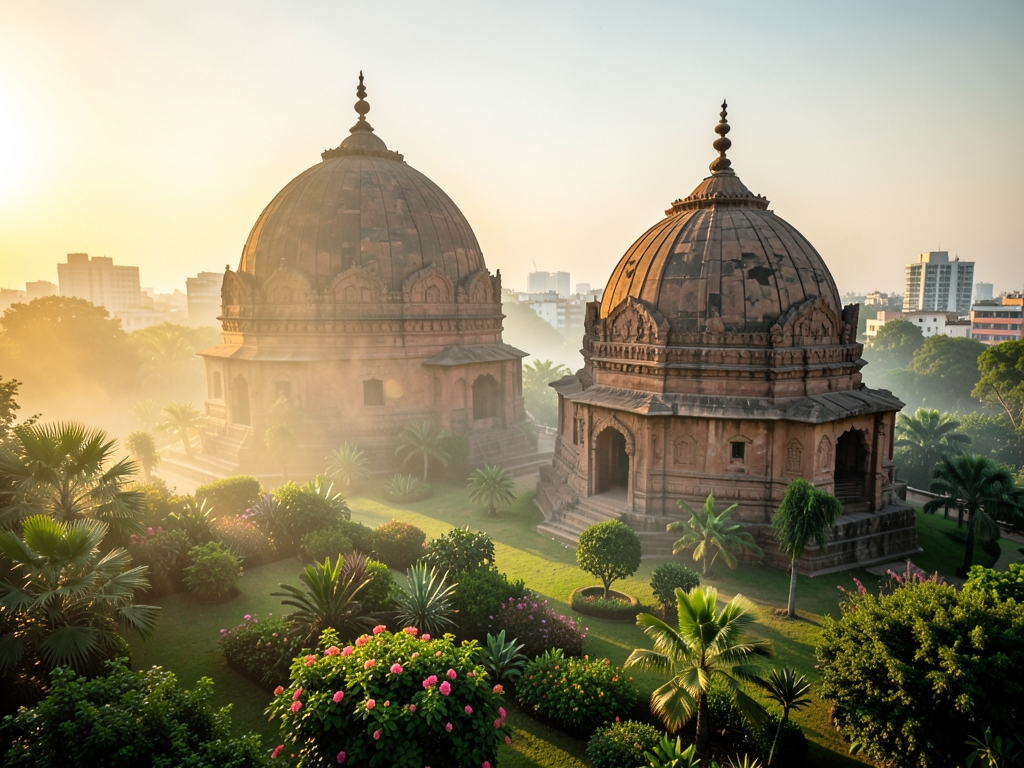 Golden dawn light over ancient sandstone domes lush