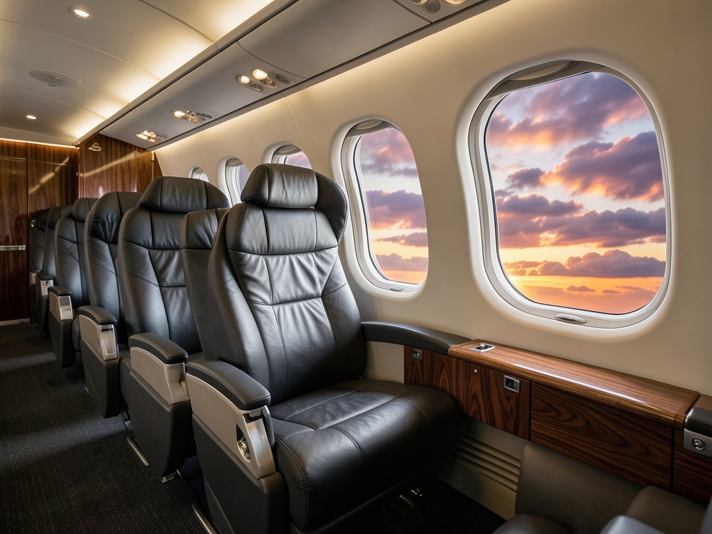 Spacious premium airplane cabin with dark leather seats