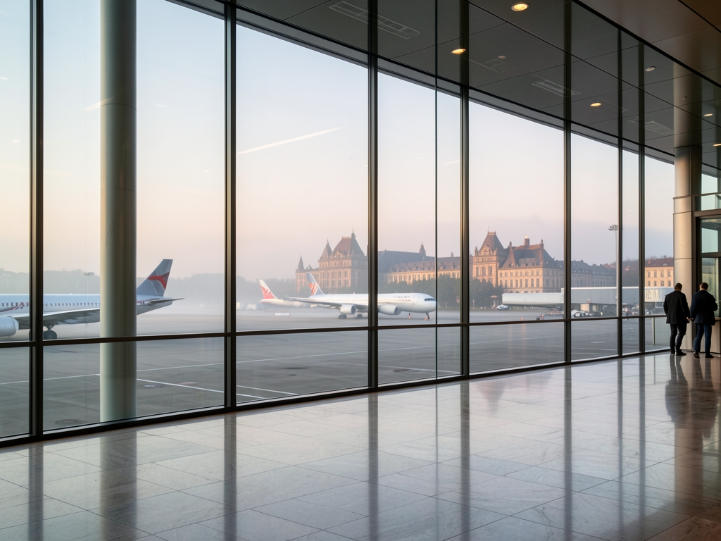 Modern glass airport terminal overlooking airplanes misty tarmac