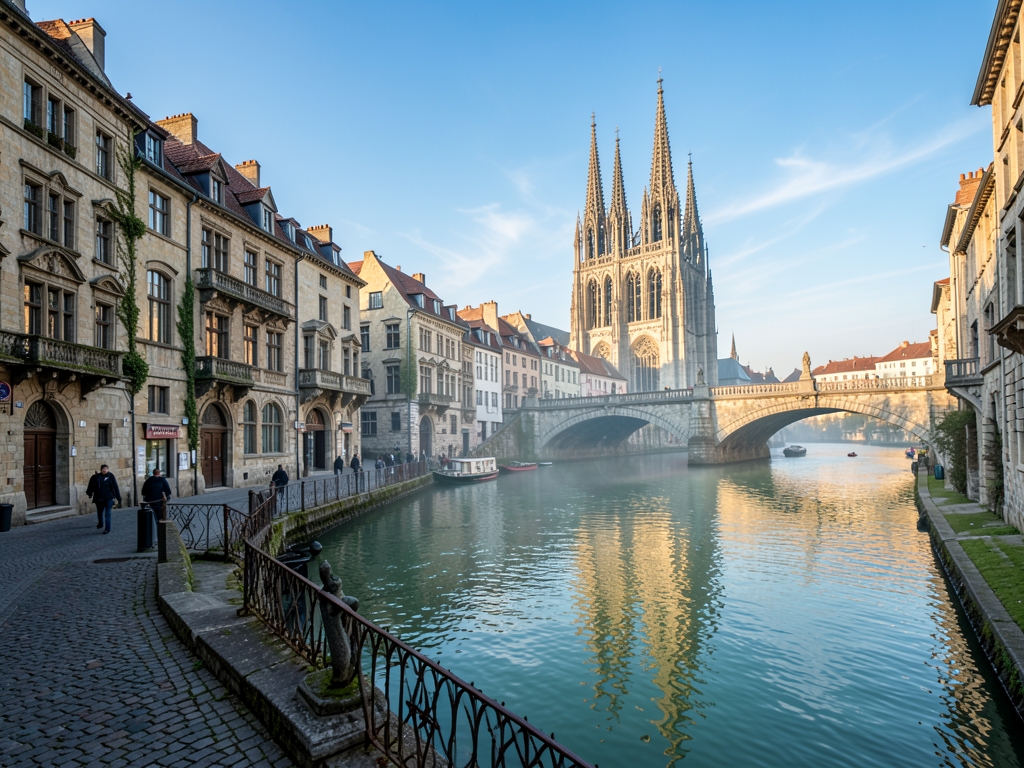 Historic European riverside town with stone bridges cathedral