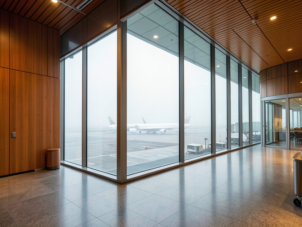 Modern airport terminal with floor to ceiling glass overlooking aircraft