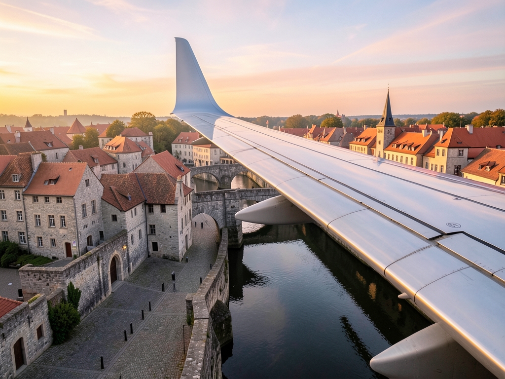 Airplane wing over historic European riverside town with