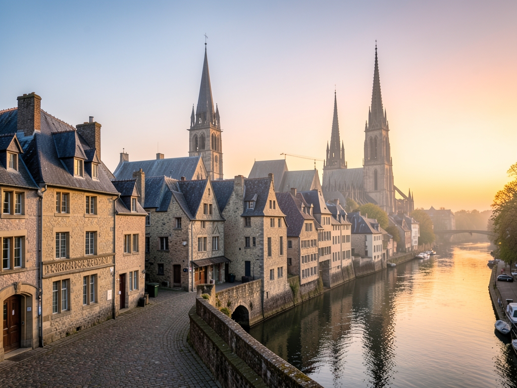Historic European riverside town with stone rooftops cathedral