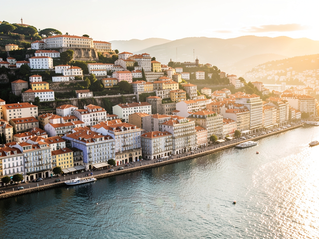 Panoramic Lisbon hillside with terracotta rooftops tiled facades