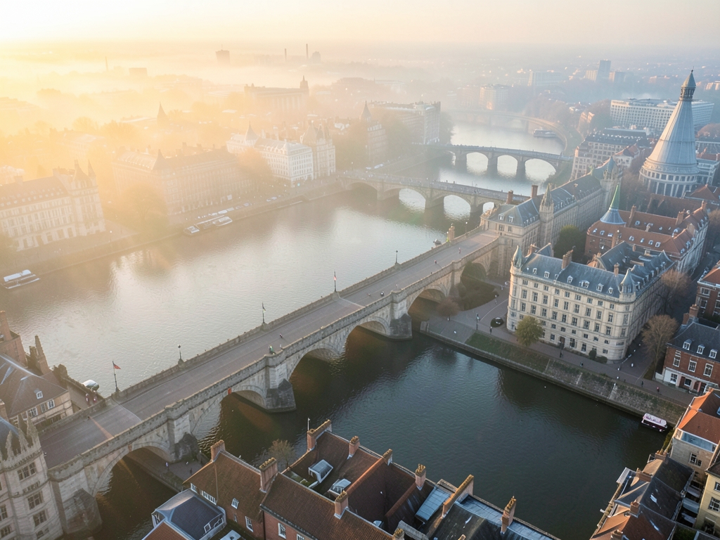 Aerial view Thames river London with historic stone