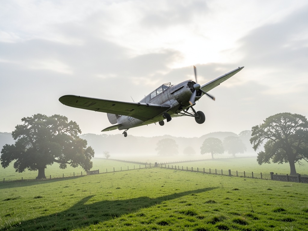 vintage propeller plane glides over misty English countryside