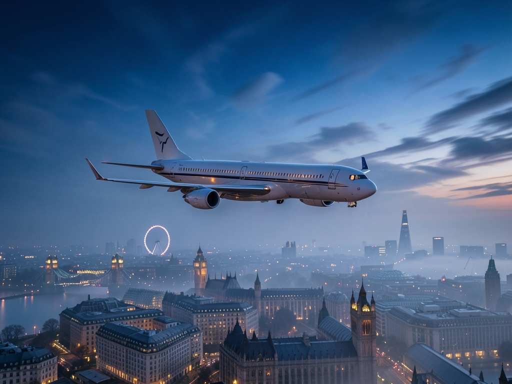 commercial glides over misty London skyline twilight fuselage