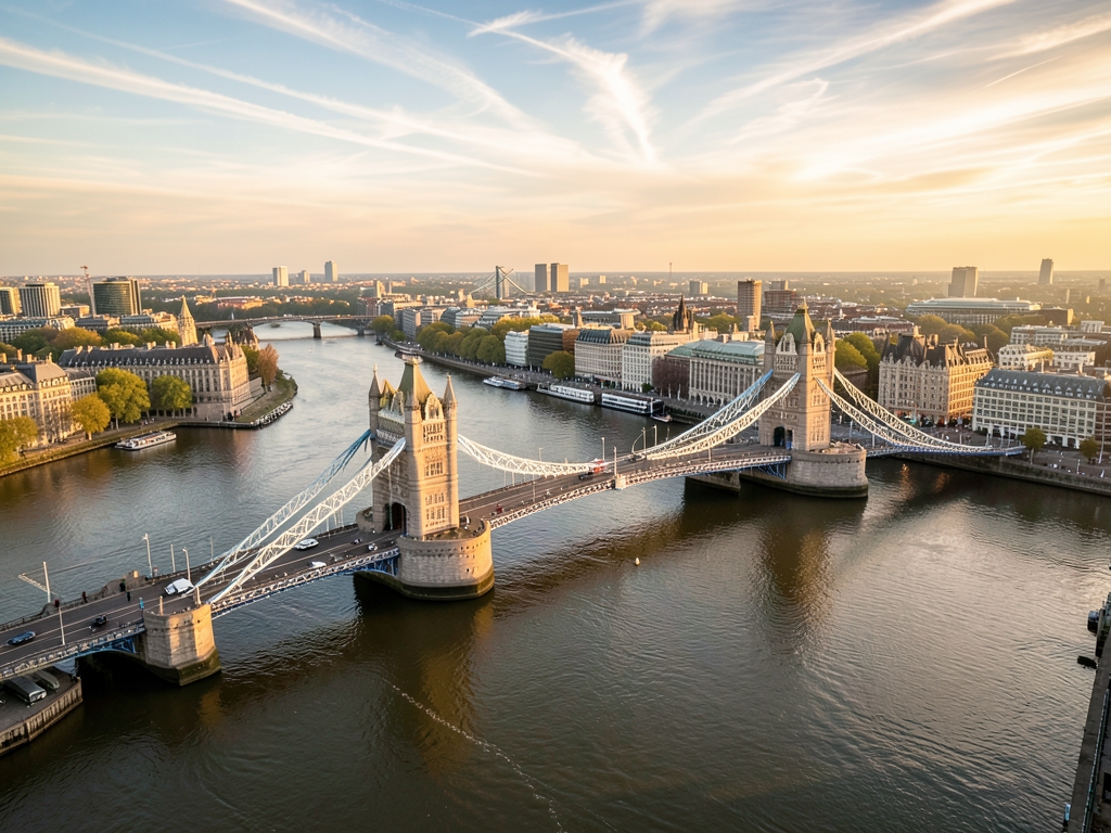 Wide aerial view London Thames river historic bridges