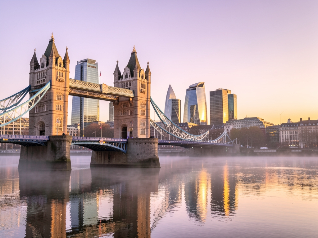 London riverside skyline golden hour with historic stone