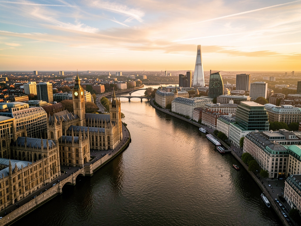 Aerial view London golden sunset with winding river