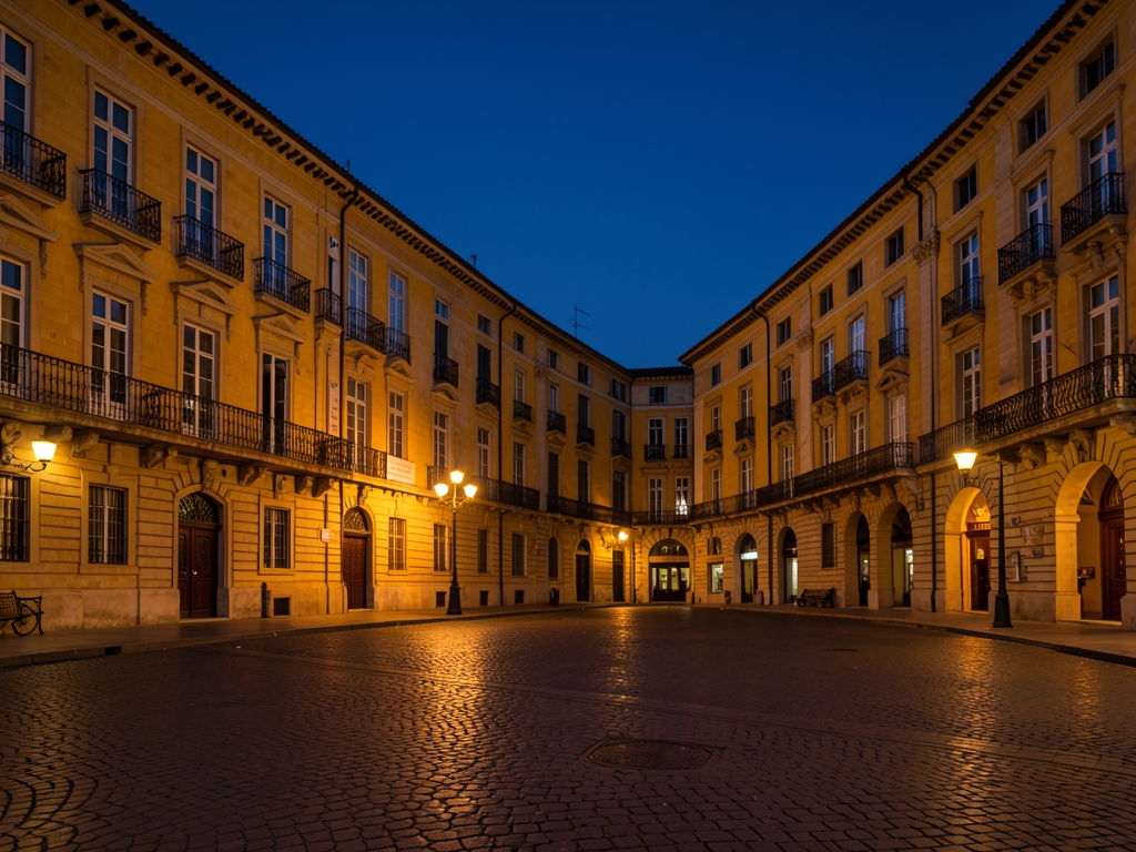 wide angle view Madrid s Plaza Mayor dusk where warm