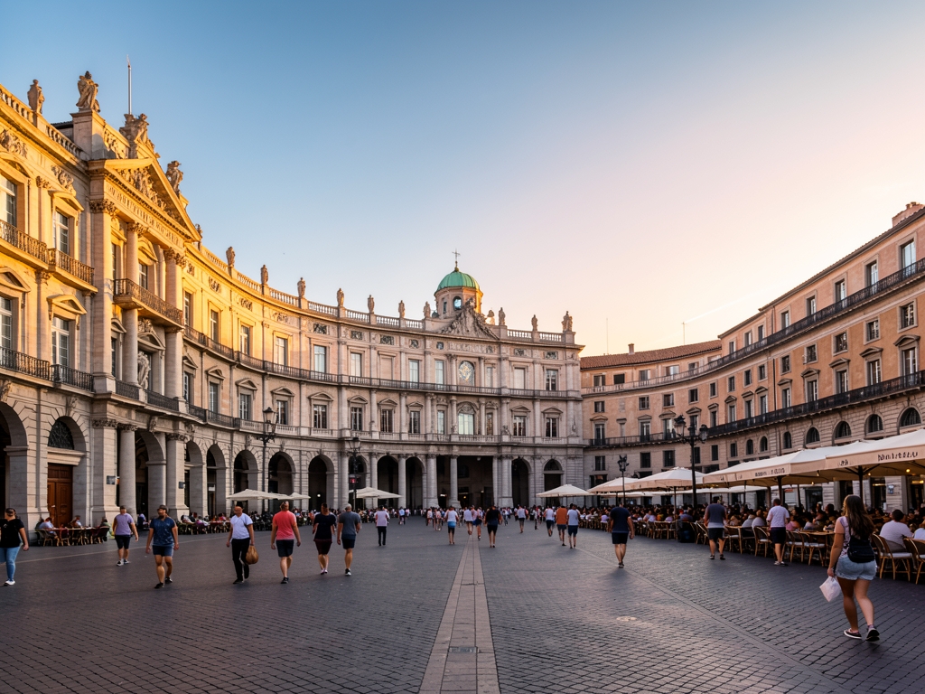 Madrid grand stone plaza with historic facades golden