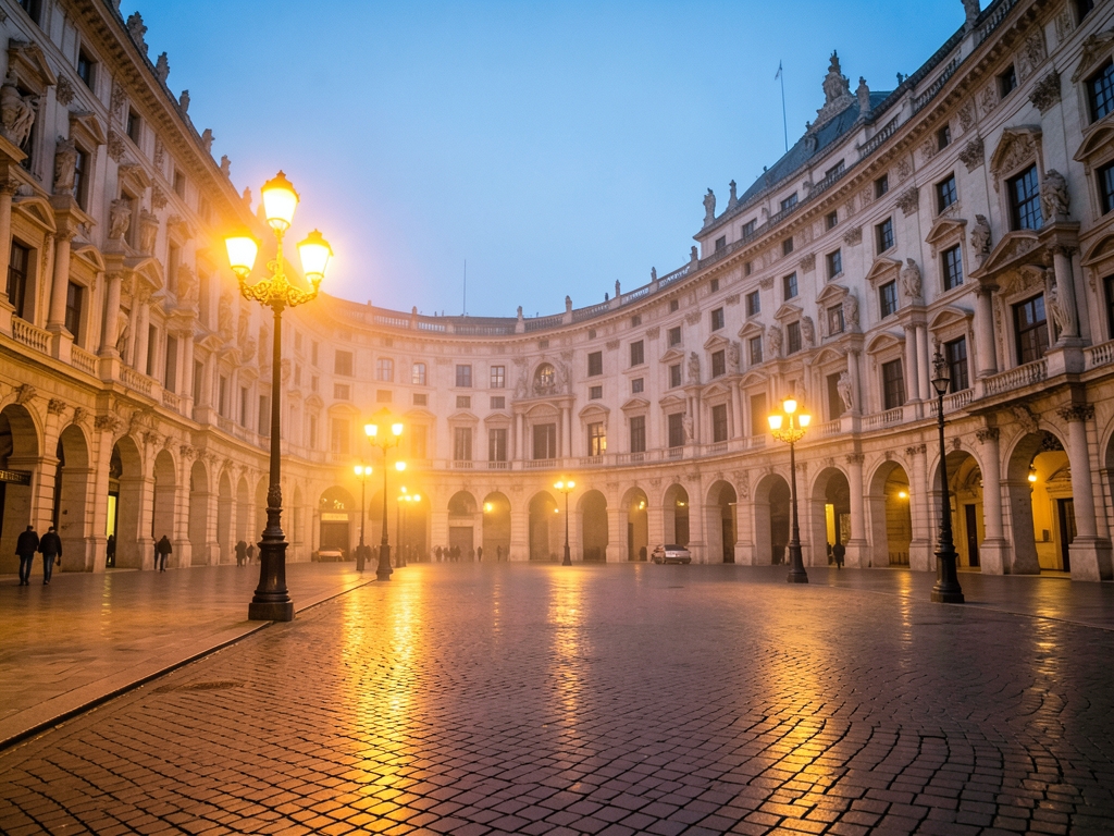 Romantic twilight view Madrid s historic Plaza Mayor illuminated