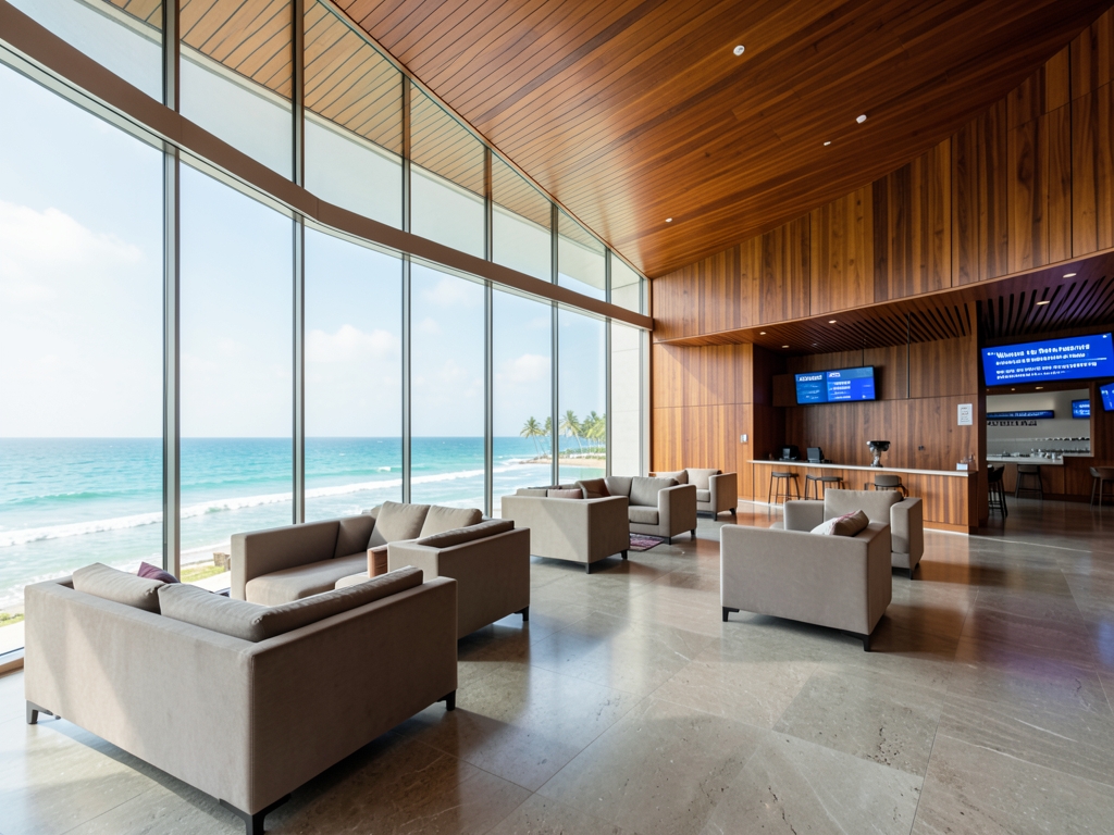 Quiet tropical airport lounge with floor to ceiling windows facing