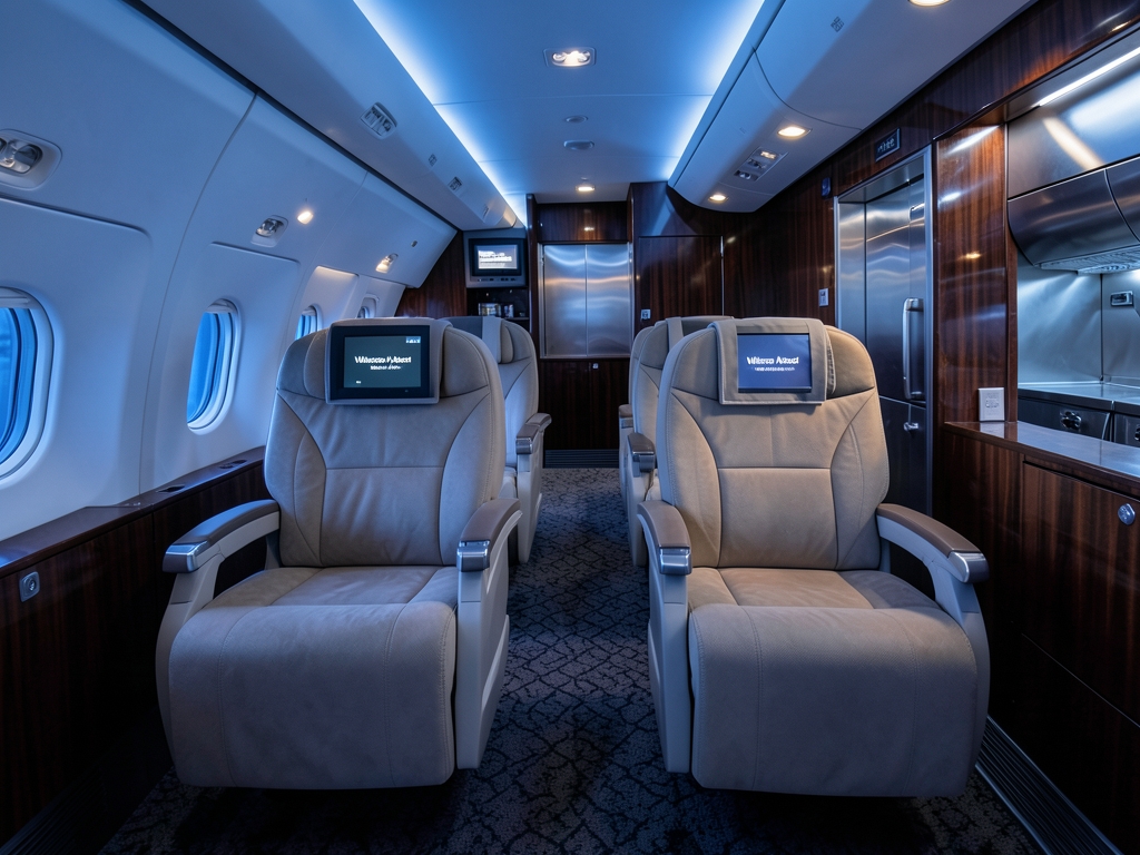 Elegant airplane cabin interior with spacious reclining seats