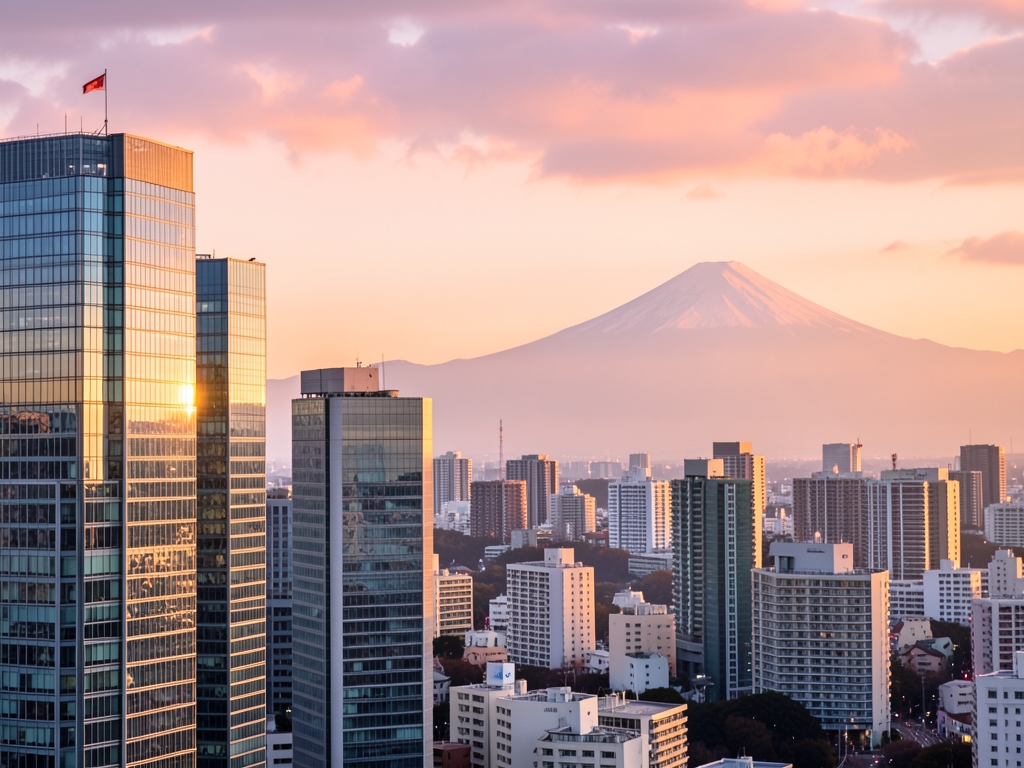 Serene view Tokyo s skyline golden hour glass skyscrapers