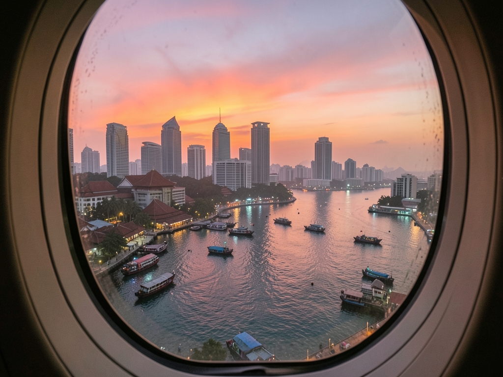 Tropical Asian harbor city skyline sunset seen through