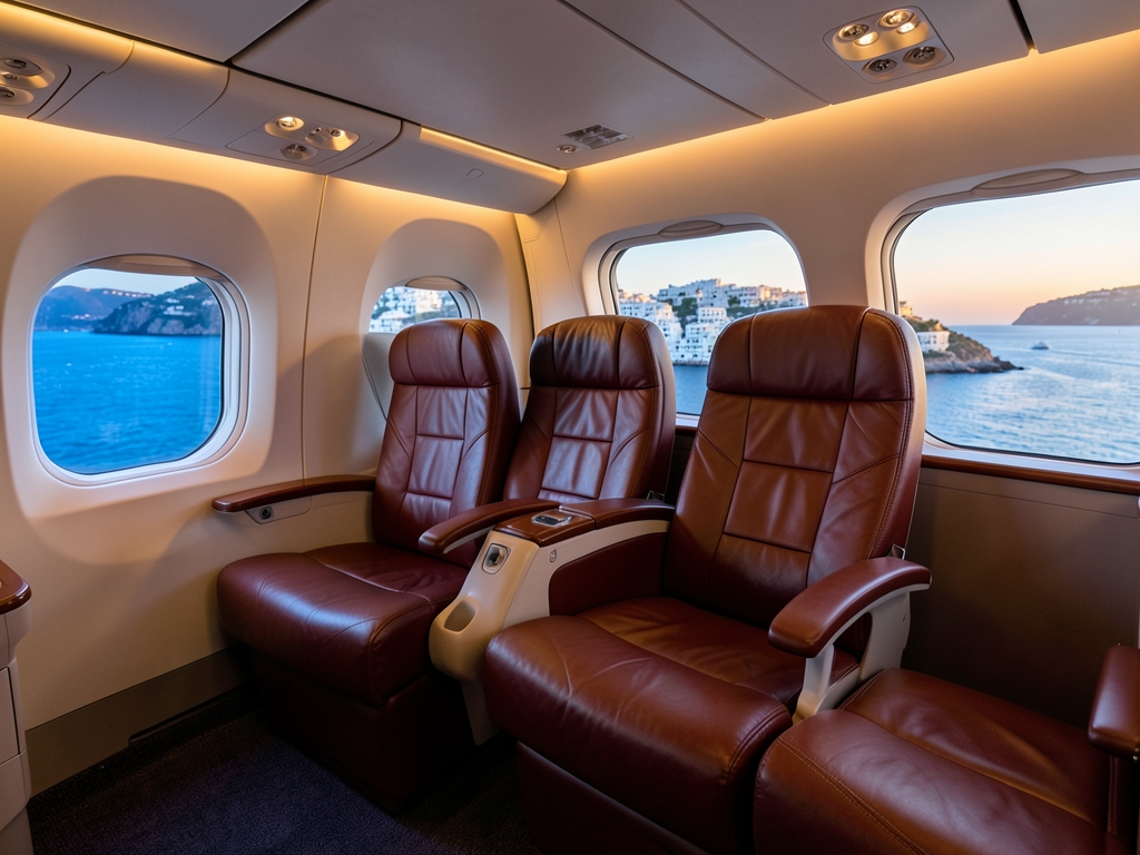 Business class airplane cabin with wide leather seats warm