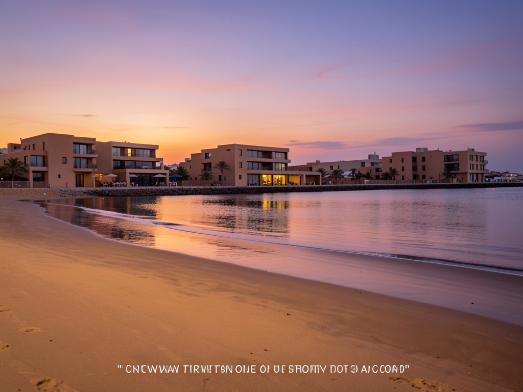 Twilight along quiet coastal waterfront with sand toned modern