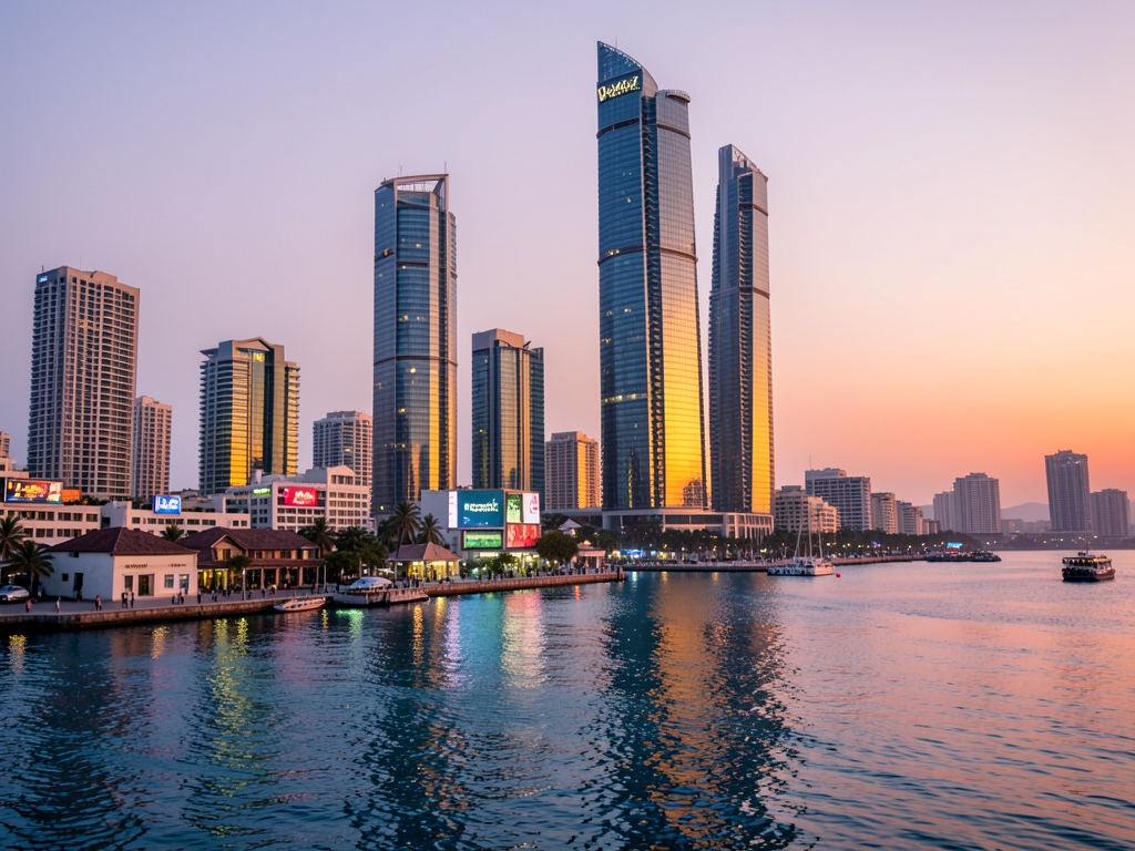 sweeping golden hour view Gulf waterfront city with sleek